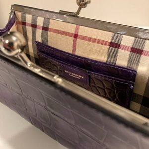Burberry Crocodile Embossed Calfskin Wristlet Clutch Purple. Tartan interior.
